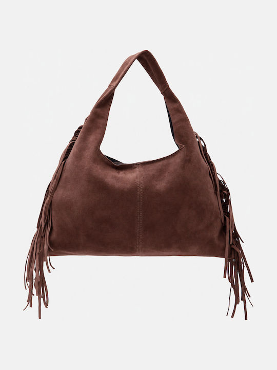 Dark Brown Fabric Women's Shoulder Bag in Suede with Fringes