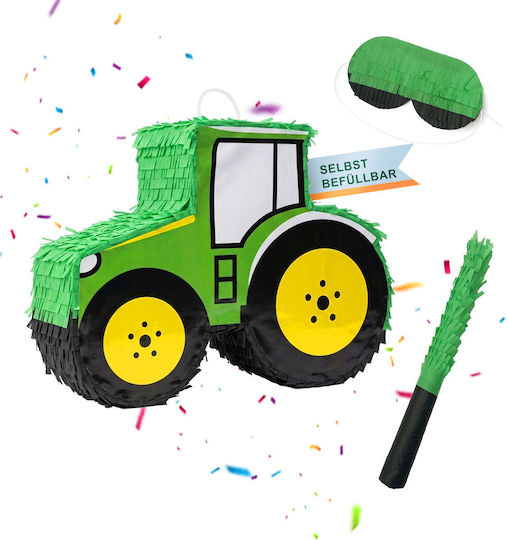 Relaxdays Tractor Piñata Set Yellow Green Black Mask Stick