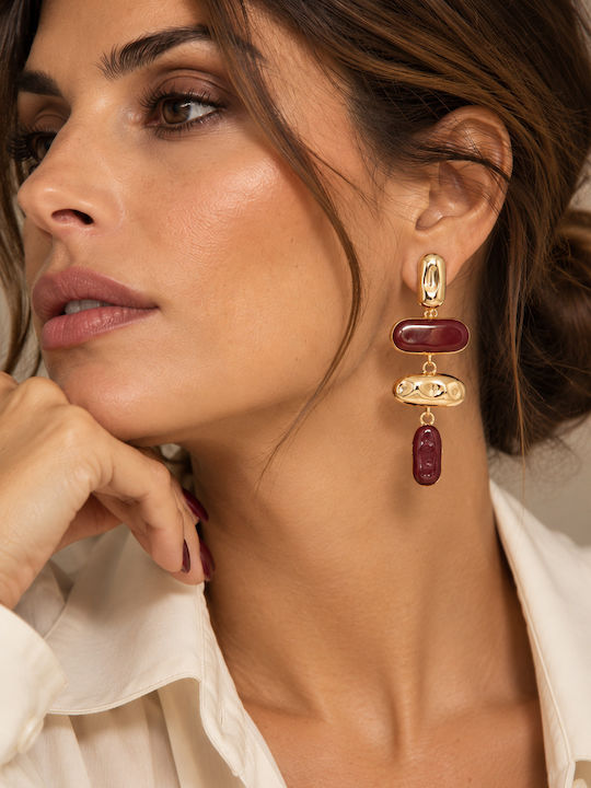 Boho Chic Κρεμαστά Σκουλαρίκια Μπορντώ Enamel Gold