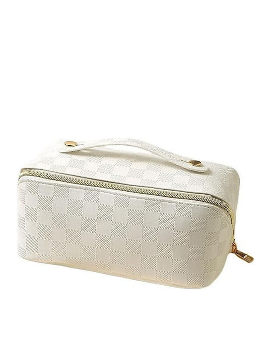 Flippy Geantă De Călătorie Neseser Cosmetică Portabilă Impermeabilă Din Piele Eco Cu Compartimente Multiple Și Fermoar 22 X 13 X 12.5 Cm Alb În Carouri