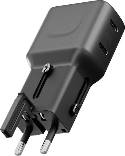 Energea Зарядно устройство с вграден GaN кабел с 2 USB-C порта 65W Power Delivery Gunmetal (Travelgo)