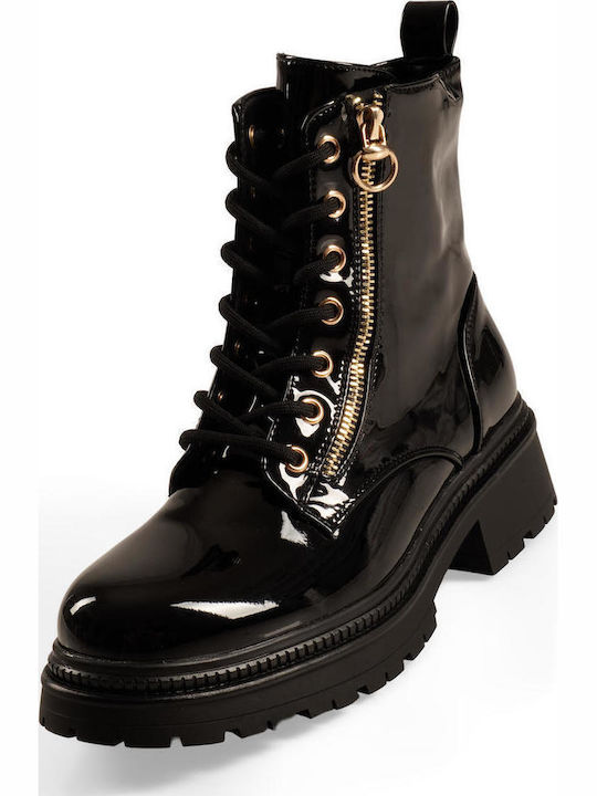 Damen-Kampfstiefel aus schwarzem Lackleder