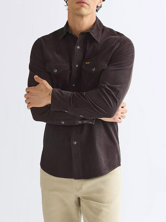 Long Sleeve Corduroy Shirt in Regular Fit Darkbrown
