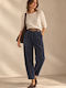 Women's High-Waisted Blue Corduroy Trousers with Elastic Waist and Slim Fit