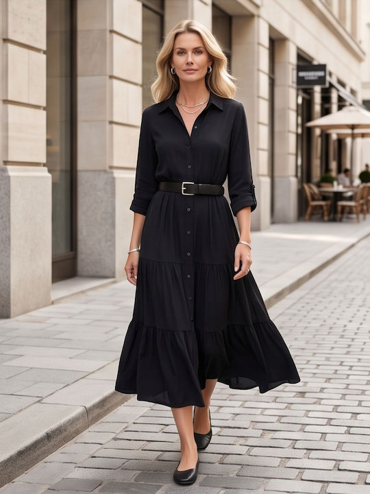 Rochie Midi Cămașă din Piele Neagră