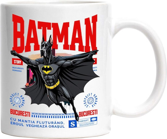 Câine German / Marele Dane în Costum de Batman cu Pelerină, Erou Nocturn, Desen Animat, Copii, Iubitori de Animale Cană Ceramică Albă 330 ml (Personalizată)