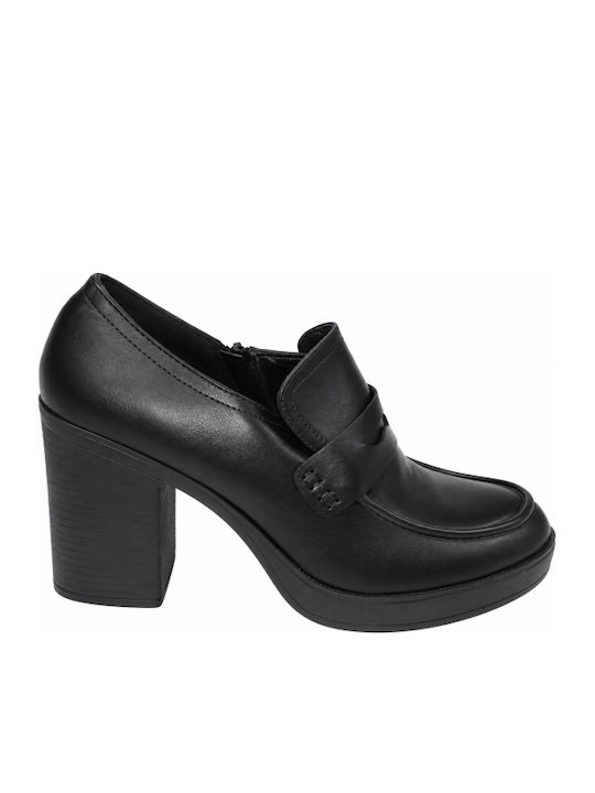 Black Leather Pumps with a Chunky High Heel WM-MP354-13-27HH-BLACK