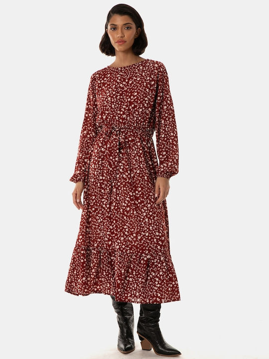 Midikleid mit Blumenmuster und Rüschensaum Burgunderrot Größe XS Burgundy Midikleid mit Blumenmuster und Rüschensaum Burgunderrot Größe XS Burgundy