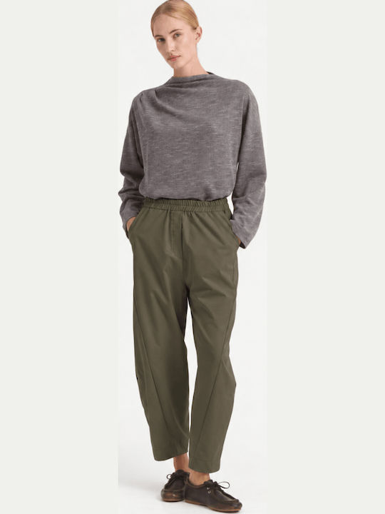 Pantaloni Dama din Material cu Talie Înaltă și Elastic Kaki