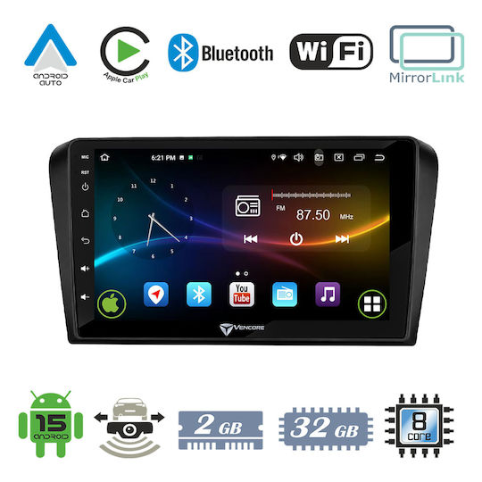Vencore 3236-10007-0245b Android-15-Multimedia-Display 9" 9109a Mtk6762 Octa-Core 2 GB/32 GB IPS-Frontblende CarPlay Android Auto Rückfahrkamera-Unterstützung AHD Mazda 3 2004–2009 – Schwarz 3236-10007-0245b