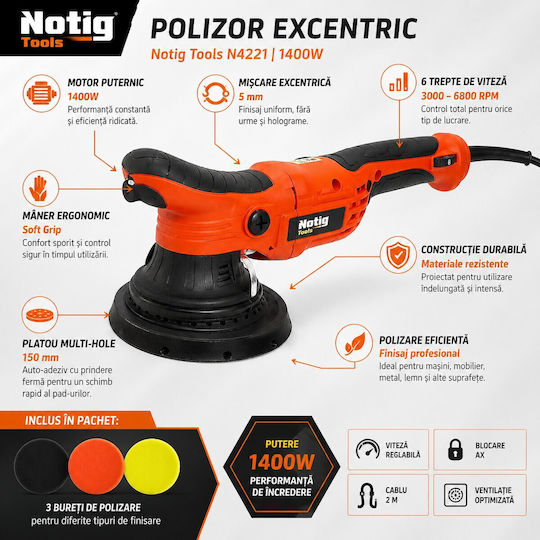 Notig N4221 Mașină de Lustruit Excentrică 1400 W cu Viteză de 5000 rpm și Reglarea Turației