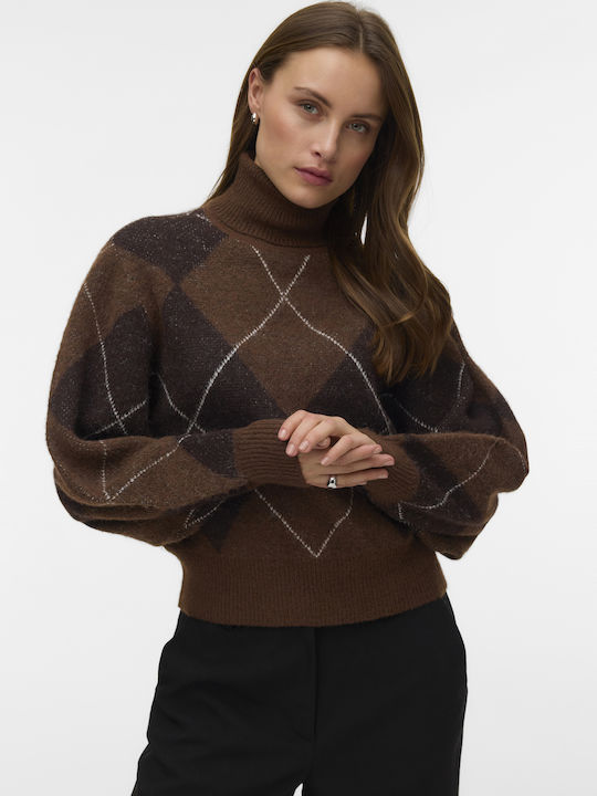 Vero Moda Дамски Пуловер с Дълъг Ръкав и Висока яка Cocoa Brown