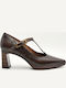 Brown Leather Pointed-Toe Pumps with Strap & Chunky High Heel