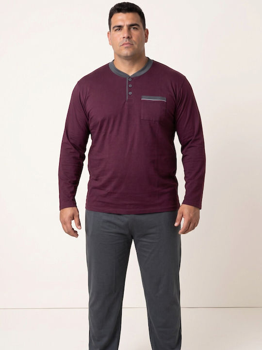 Men’s Plus Size Pyjama Collection Comfort Henley Sweatshirt Greek-Made Burgundy Cl27101-62-Burgundy