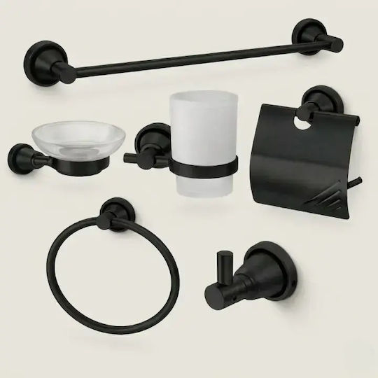 Set de Accesorii de Baie Montat pe Perete din Sticlă Neagră 6 Bucăți