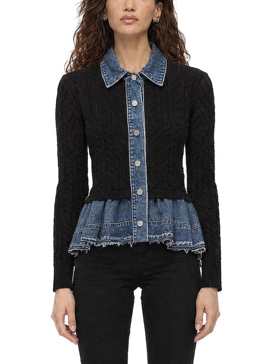 Women's Knitted Cardigan with Buttons Black-Blue