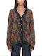 Long Women's Knitted Cardigan with Buttons in Anthracite-Red-Blue