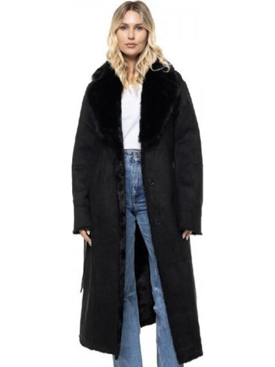 Biston Women's Coat Black with Fur Details