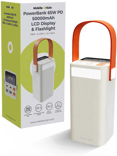 Mobile Origin PB18 Power Bank 50000mAh 65W με 2 Θύρες USB-A και 2 Θύρες USB-C Power Delivery Μπεζ