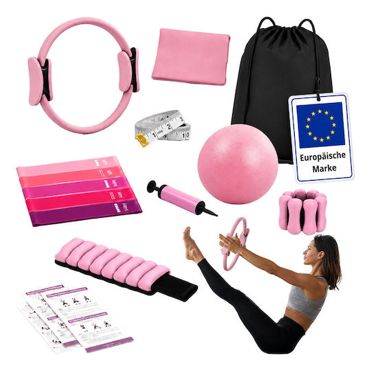 Set Pilates Relaxdays 10054389_52, 13 Piese: Inel Pilates Ø38 Cm, Minge Ø23 Cm, 5 Benzi de Rezistență Scurte + Bandă de Rezistență Lungă, Curele pentru Glezne, Pompă, Geantă, Ruletă, Roz și Negru