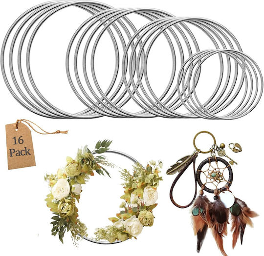 Set de inele metalice pentru artizanat, 16 bucăți, pline, 5–20 cm, argintii