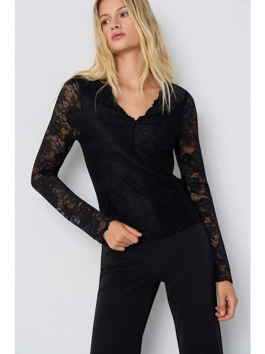 Women's Long Sleeve Blouse with V-Neck Black