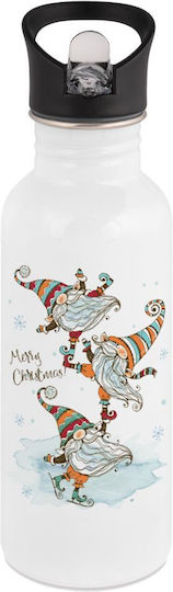 Christmas Nordic Gnomes Stainless Steel Kids Water Bottle with Straw White 600ml