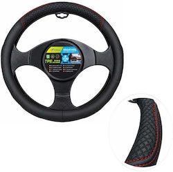 Black Car Steering Wheel Cover Red Stitching 37.5-39.5cm