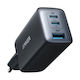 Anker Φορτιστής Χωρίς Καλώδιο με Θύρα USB-A και 2 Θύρες USB-C 65W Γκρι (Nano)