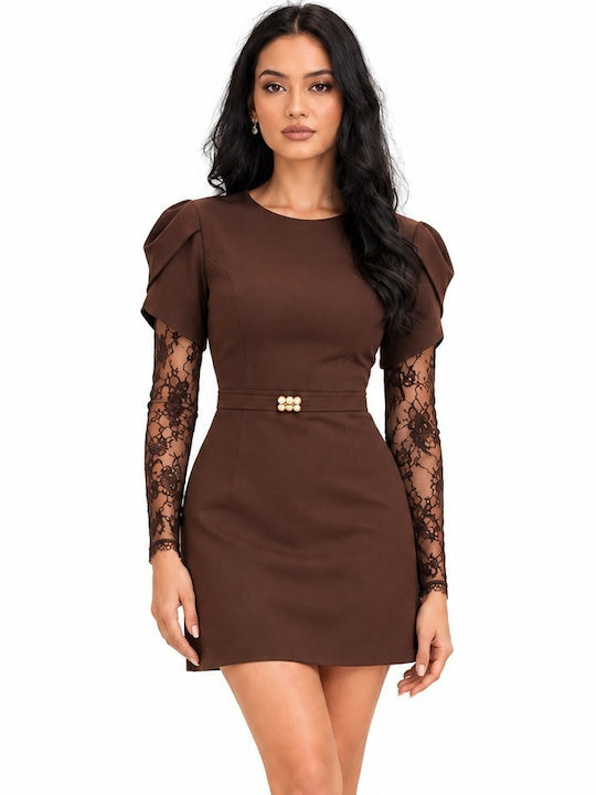 Mini Βραδινό Φόρεμα Σατέν με Δαντέλα Brown