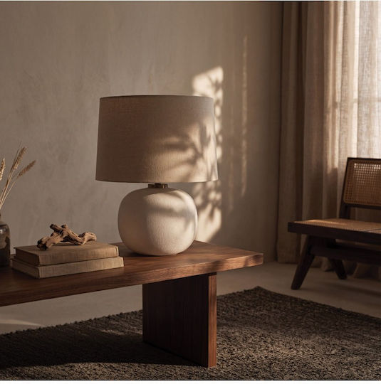 Zambelis Lights Ceramic Table Lamp for E27 Bulb with Beige Shade and White Base