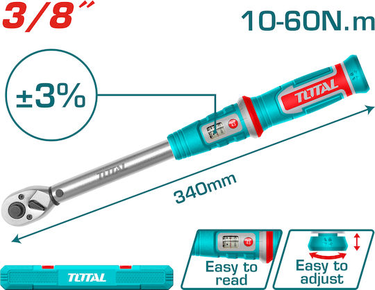 Total Drehmomentschlüssel mit 3/8"-Antrieb, Drehmoment 10–60 Nm und einer Länge von 34 cm