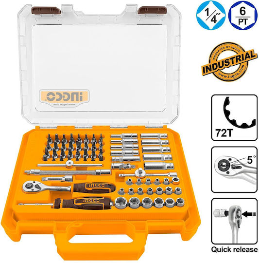 Ingco Chei Tubulare cu Pătrat de Antrenare de 1/4" Set de 69 Bucăți