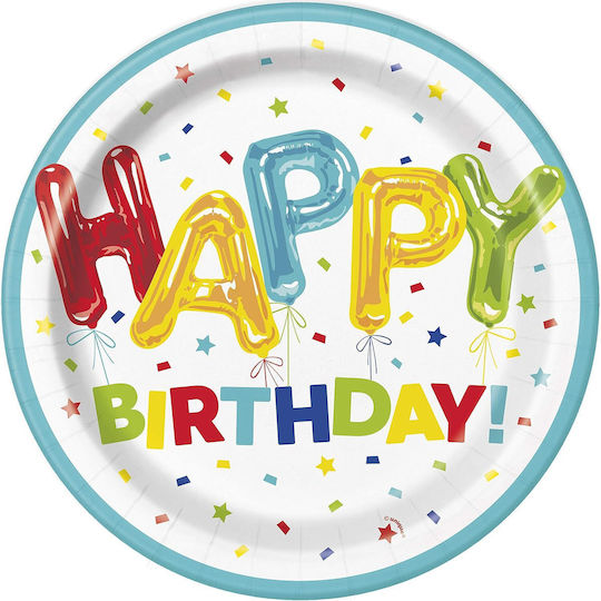 Πιάτα Χάρτινα Φαγητού 23εκ Happy Balloon Birthday 8 Τμχ