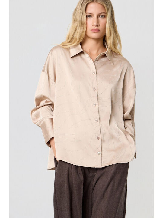 Long Sleeve Women's Satin Shirt Gold