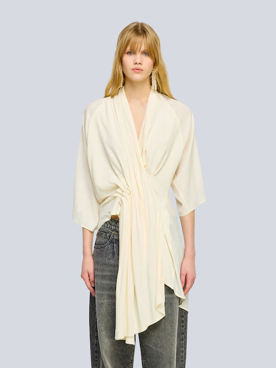 Josie Women's Drape Blouse with 3/4 Sleeves Beige