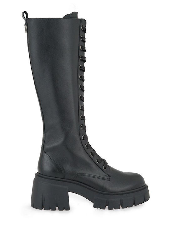 Carolina Damen Lederstiefel mit Hohem Absatz Schwarz