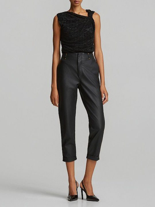 Women's High-Rise Leather Trousers in Baggy Fit Black