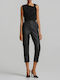 Women's High-Rise Leather Trousers in Baggy Fit Black