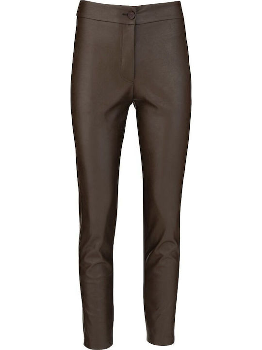 Women's High-Rise Leather Trousers with Elastic in a Slim Fit Brown