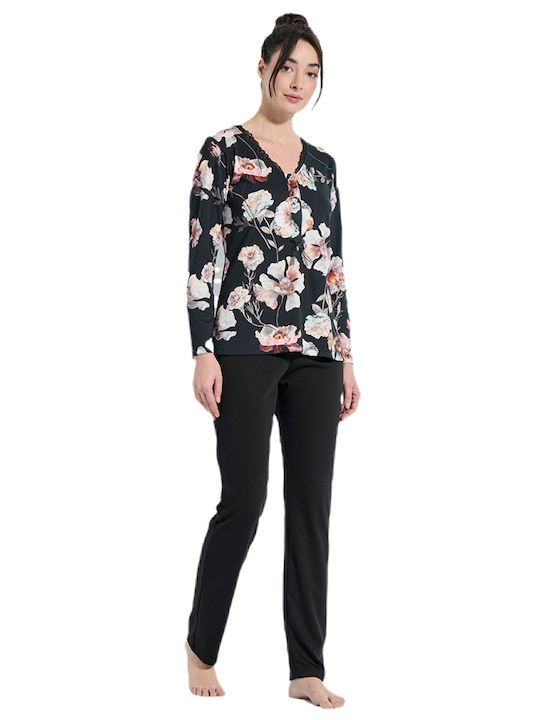Jeannette Lingerie Χειμερινό Γυναικείο Σετ Πιτζάμας Μαύρο