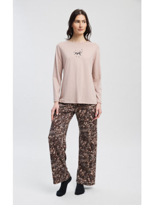 Minerva Зимен Дамски Комплект Памучна Пижама Somon Floral Animal