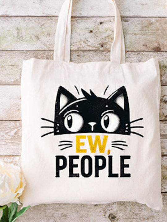 Ecru Fabric Tote Bag Cat Design Ml-04 Dimensions 38x40cm Including Handles 38x70cm