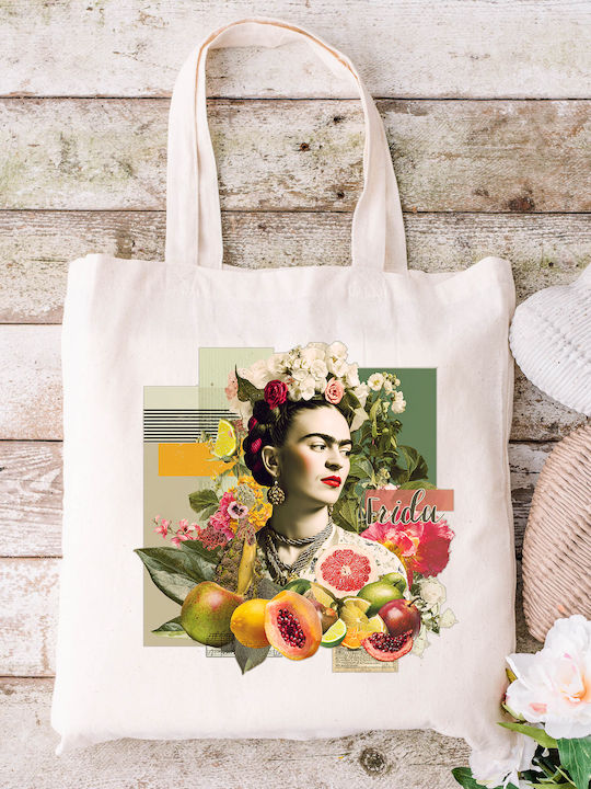 Τσάντα Πάνινη Υφασμάτινη Εκρού Σχέδιο Frida Kahlo 05 Διαστάσεις 38x40cm Μαζί Χερούλια 38x70cm