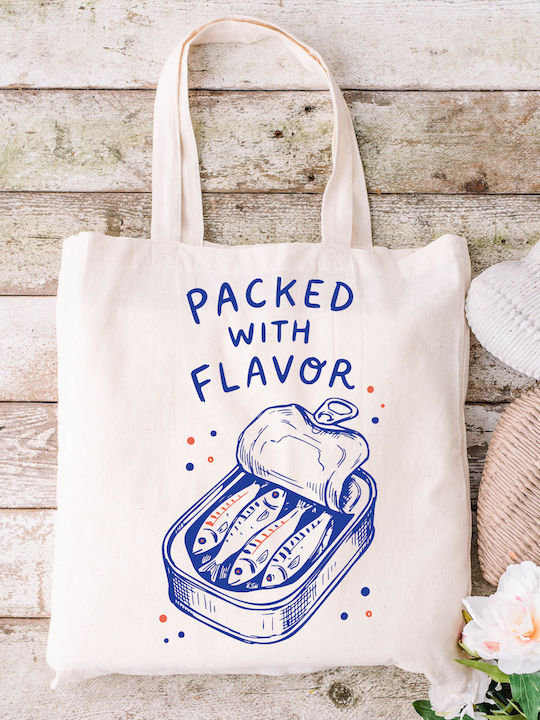 Τσάντα Πάνινη Υφασμάτινη Εκρού Σχέδιο Packed Flavor Διαστάσεις 38x40cm Μαζί Χερούλια 38x70cm
