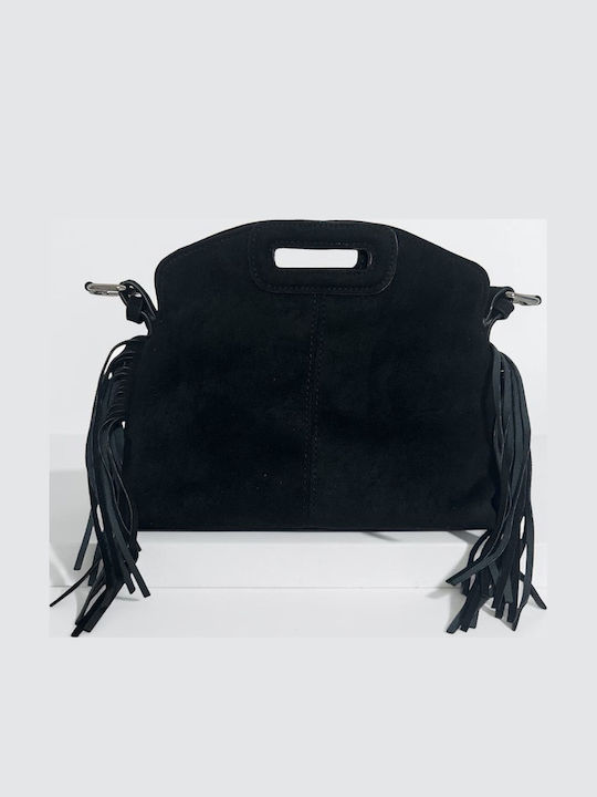 Damenhandtasche / Schultertasche aus Wildleder mit Fransen Schwarz