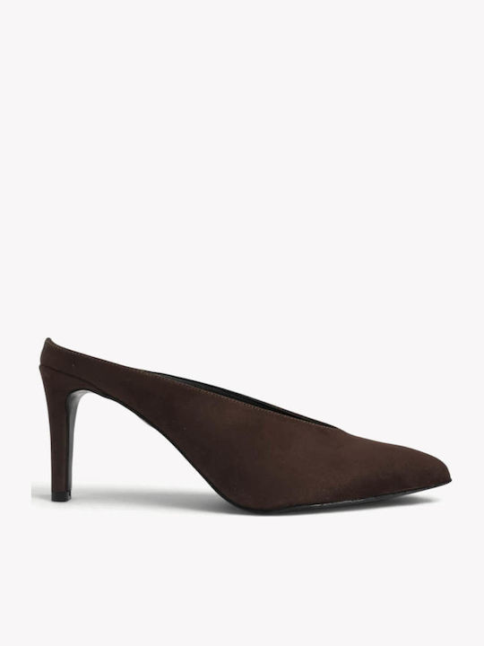Brown Mules Heels Pointed Toe Thin Heel