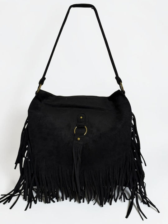 Women's Suede Messenger Bag with Fringes Black