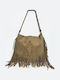 Women's Suede Messenger Bag with Fringes Beige