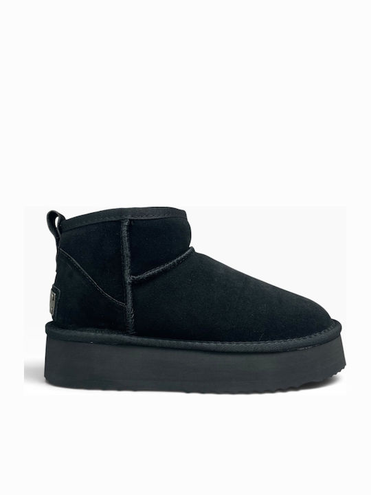 Leather Women's Ankle Boots with Fur Negro